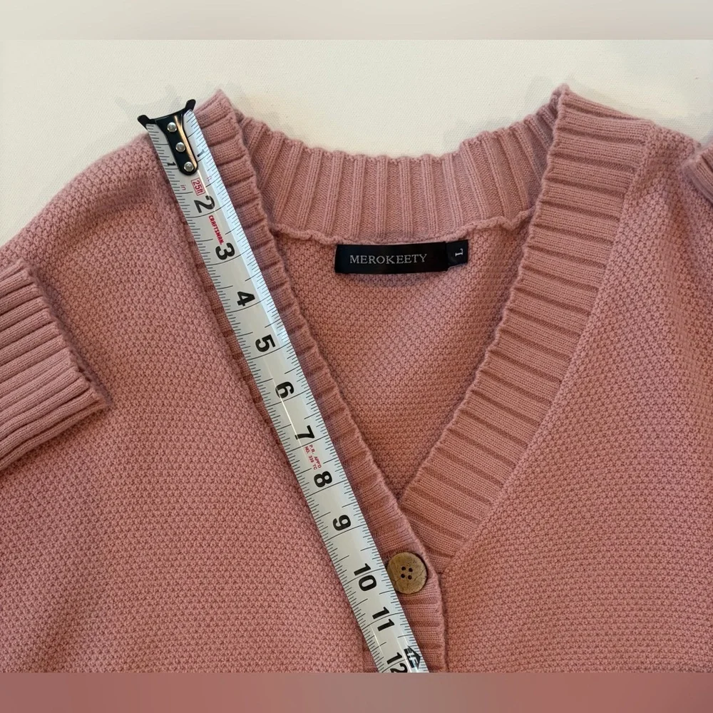Merokeety Blush Pink Exposed Hem Sleeve Ribbed Stretchy Button-Up Cardigan Large - Picture 9 of 15